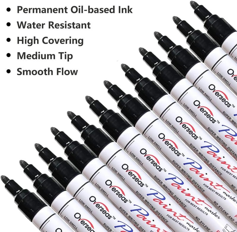 Lesun Black Paint Pens, 12 Pack Waterproof Oil-Based Paint Markers Set - Quick Dry, Fade Resistant Permanent Markers for Metal, Rock, Stone, Wood, Fabric, Plastic, Canvas, Glass. Medium Tip - Image 2